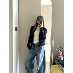 藏蓝色拉链针织开衫女薄款早秋韩系高级感修身收腰毛衣外套短款