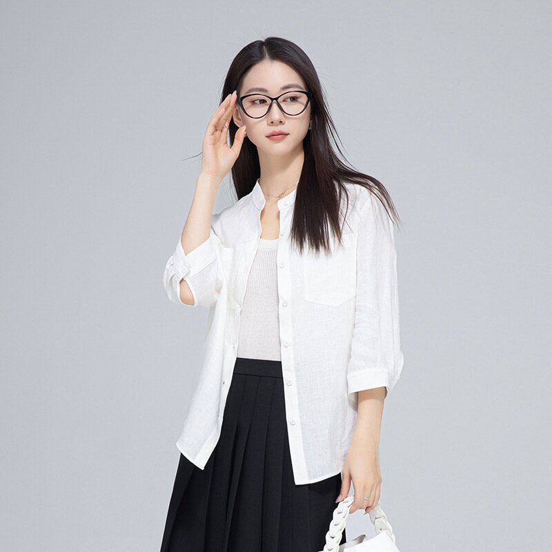倾听渔声鑫阁知识分子风亚麻七分袖百搭衬衫女宽松小立领灯笼中袖