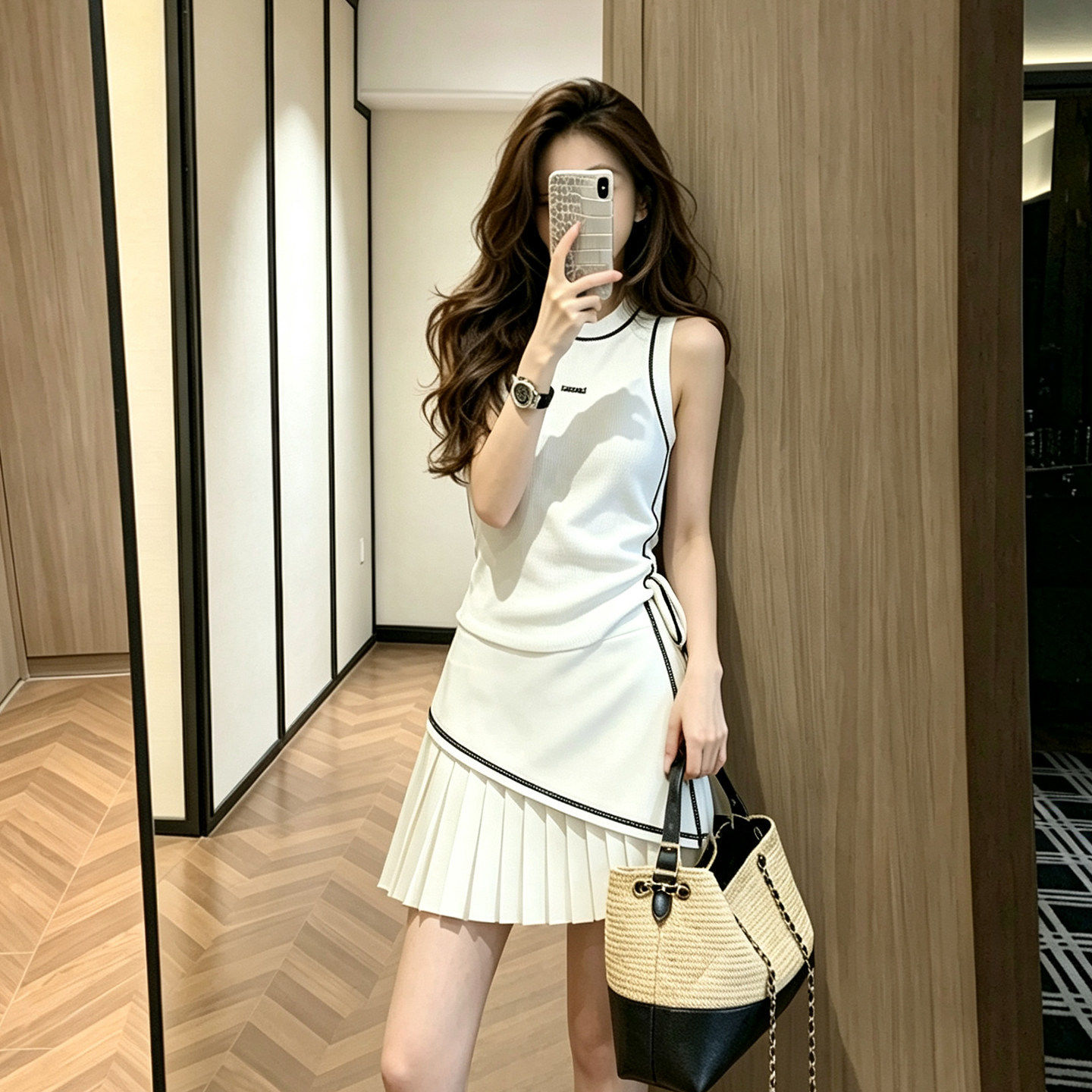 淡人高知穿搭一整套夏日女白色无袖上衣半身裙巨好看绝美两件套装