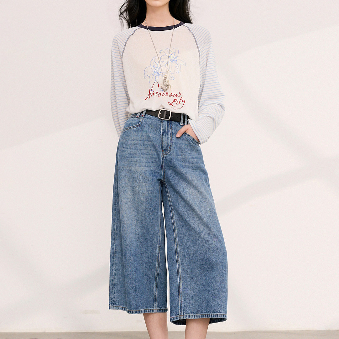 2026夏季新款休闲牛仔裤直筒七分裤复古阔腿裤女