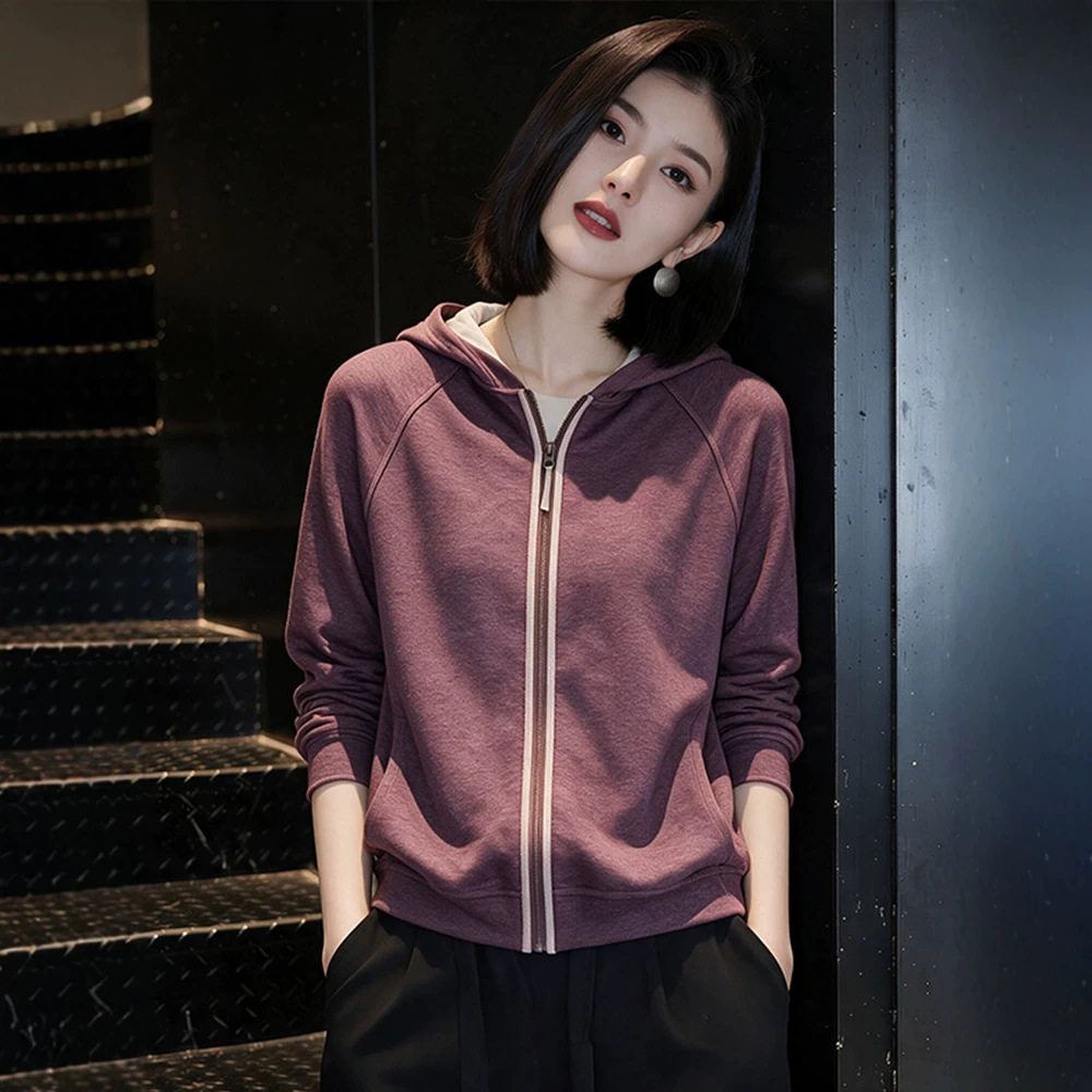 紫色连帽卫衣外套女士长袖秋冬新款宽松休闲洋气显瘦拉链开衫上衣