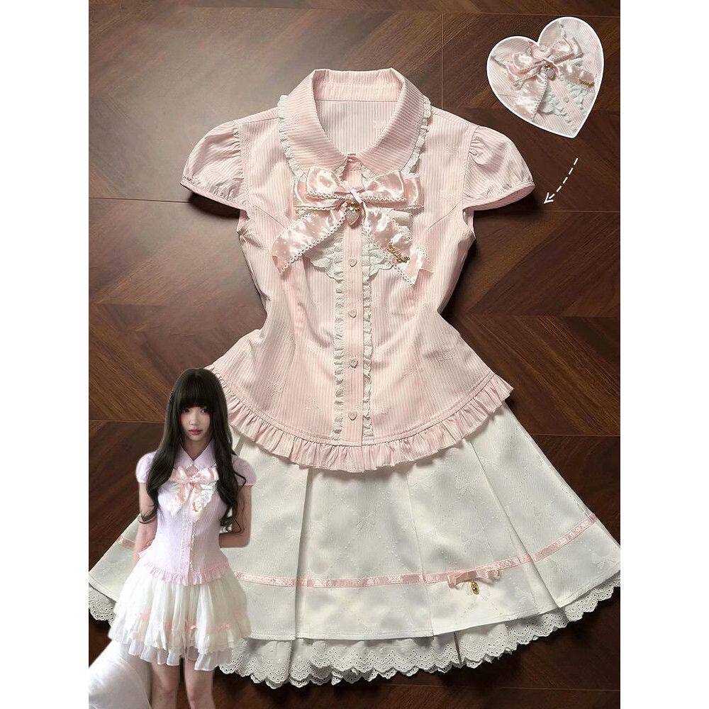 【粉莓跳跳】蝴蝶结条纹衬衫+半身裙春季套装小个子清新少女穿搭