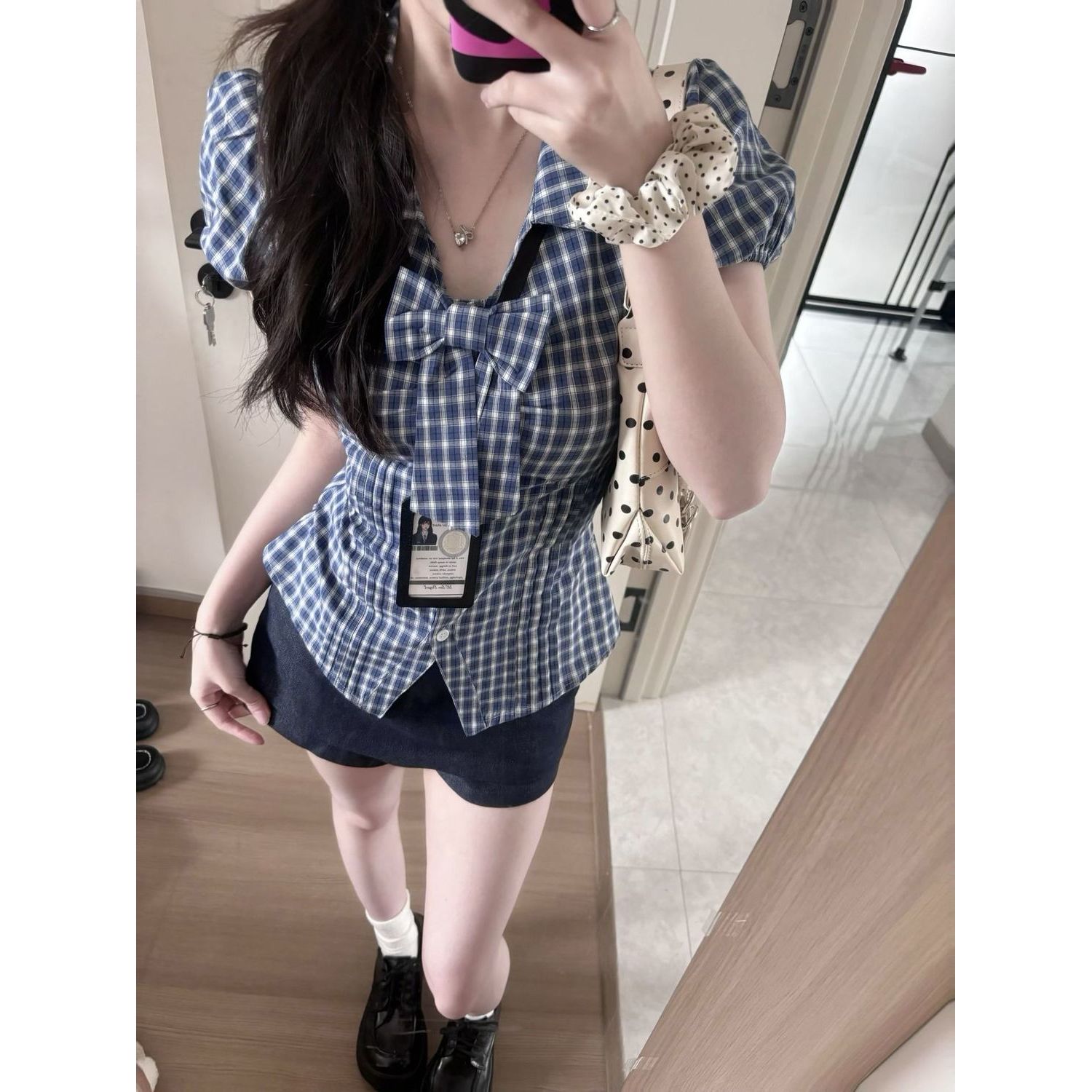 春格纹蝴蝶结衬衫泡泡袖小衫修身衬衣裤裙套装美式复古两件套ins