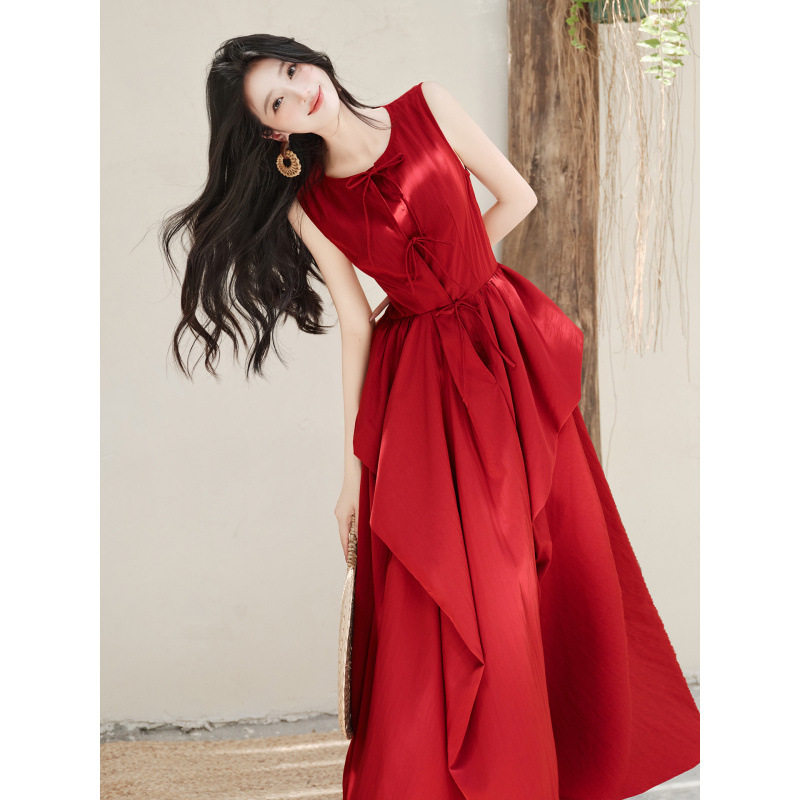 绝美不撞款红色无袖连衣裙夏季2026新款超仙女海边度假沙滩长裙子