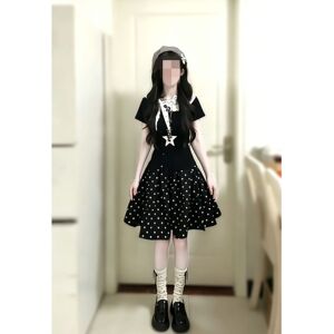 晴日花漾 韩系学院风黑色短袖上衣+波点显瘦半身裙子两件套装女夏