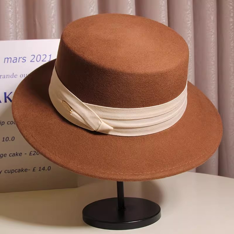 2025款礼帽女平顶羊毛呢秋冬款高级感百搭显脸小法式平沿帽