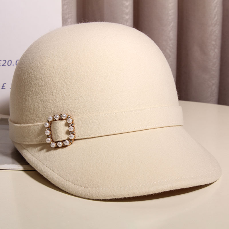 秋冬羊毛呢马术帽帽子女士珍珠小礼帽赫本风法式优雅复古鸭舌帽子