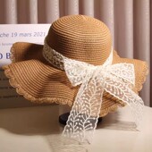 法式 优雅风蕾丝蝴蝶结草帽女夏海边沙滩波浪边大帽檐太阳帽防晒帽
