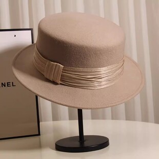 法式羊毛呢平檐礼帽女士秋冬高档真丝麻平顶帽子英伦复古爵士帽潮