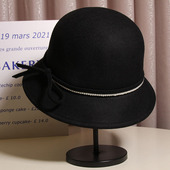 赫本风羊毛呢渔夫帽女秋冬气质珍珠蝴蝶结保暖盆帽优雅百搭小礼帽