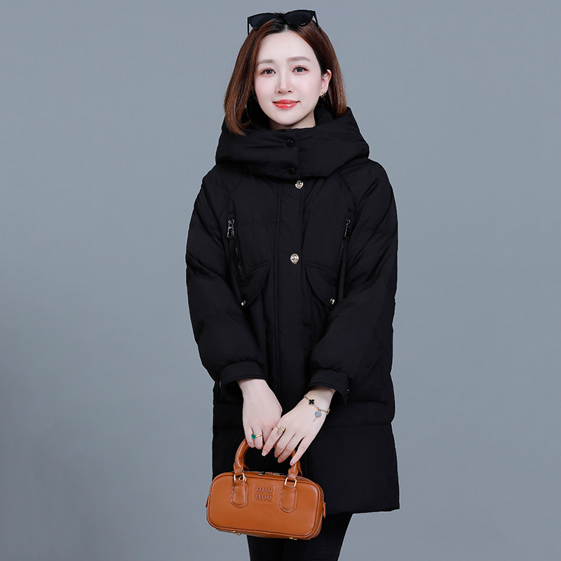 新款2024女款羽绒服气质潮流时尚领口袖口中长款立领