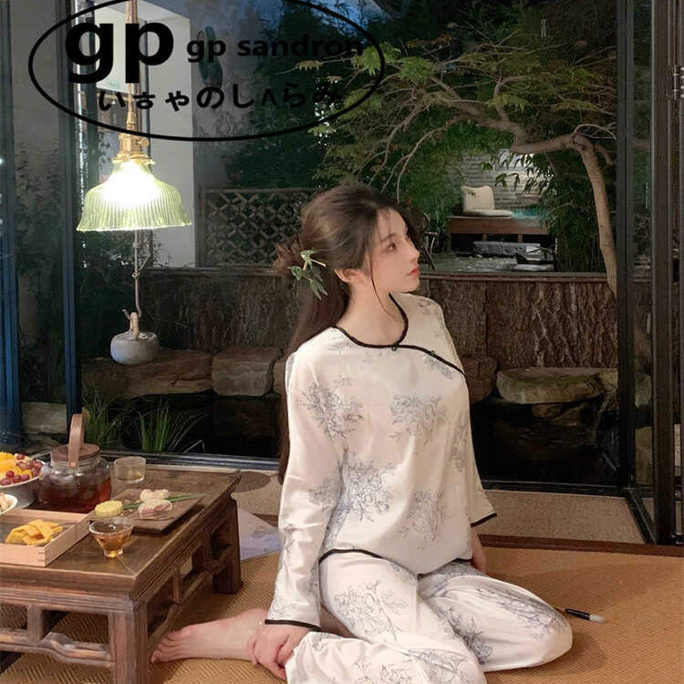 春秋款国风少女感冰丝长袖睡衣