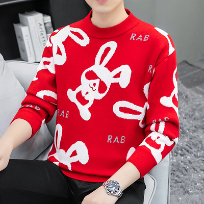 套头毛衣红色针织衫圆领兔年线衣