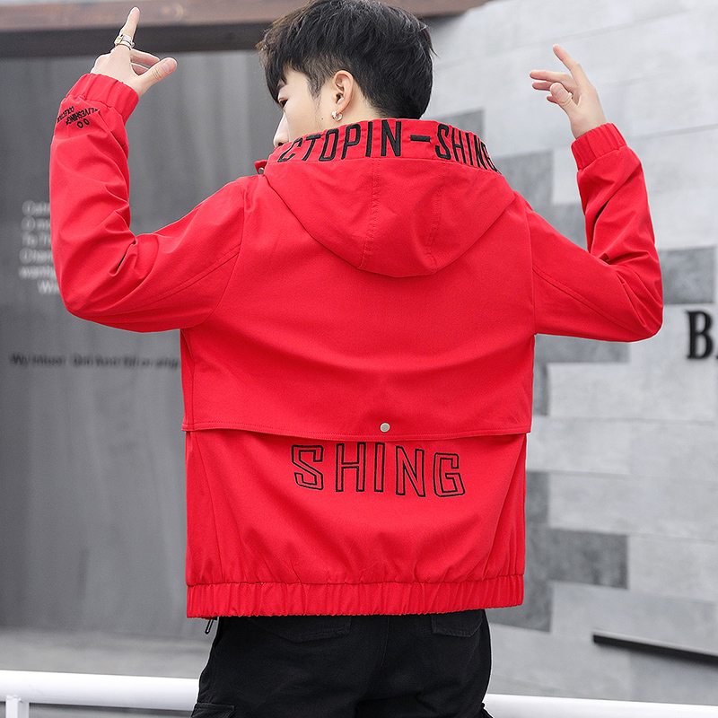 连帽外套春秋夹克修身红色上衣