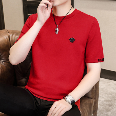 红色针织短袖T恤男款圆领