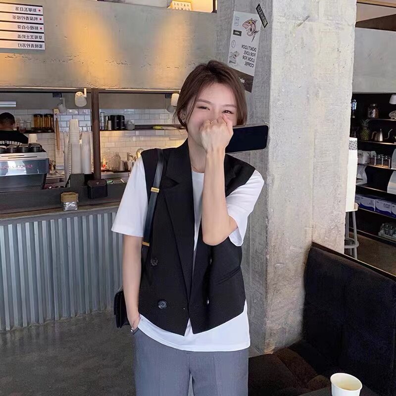黑色设计感马甲外套女春夏季小个子短款百搭休闲宽松叠穿马夹背心
