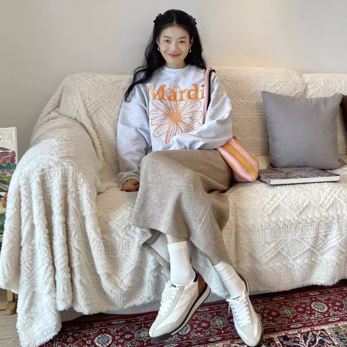 韩国正品Mardi卫衣女小雏菊刺绣长袖宽松印花腊肠狗上衣百搭秋冬