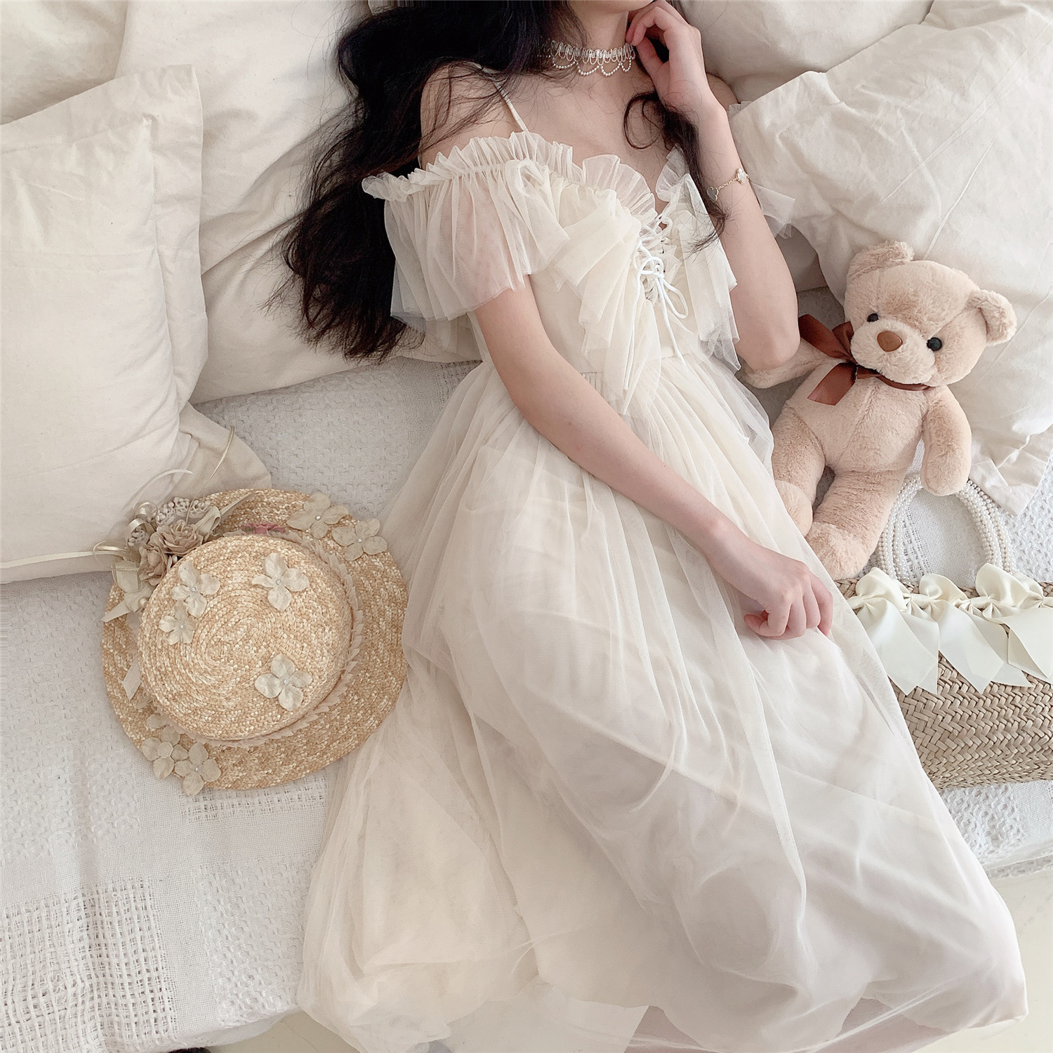 Sweetheart 夏季新款高腰梦幻仙仙荷叶边网纱系带连衣裙仙女裙128.00元包邮