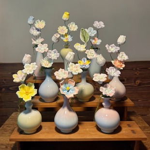 景德镇纯手工陶瓷渐变马卡龙釉面小花瓶陶瓷花送闺蜜生日礼物礼品