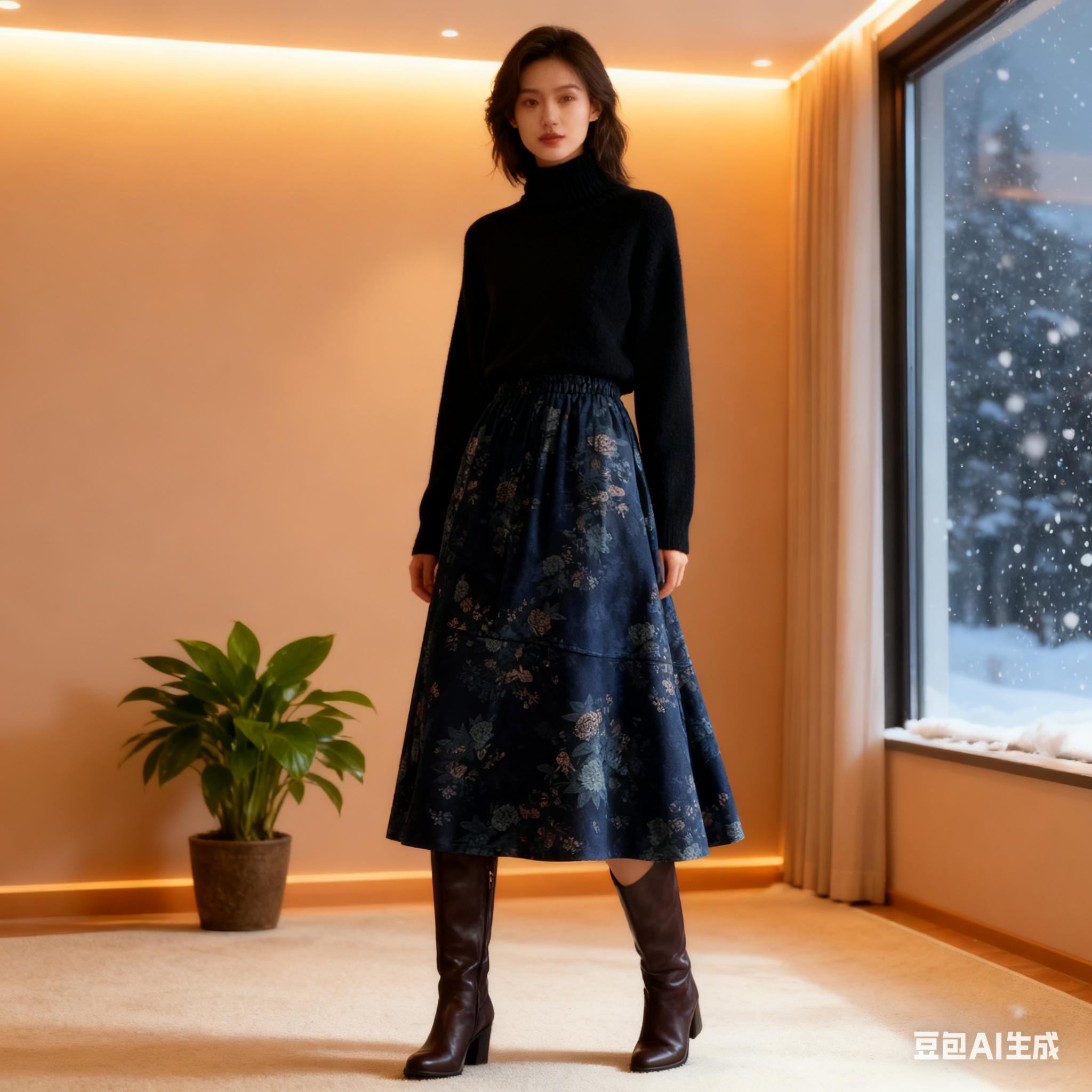 秋冬新中式国风复古碎花半身裙女高腰显瘦A字碎花宽松大摆伞裙子