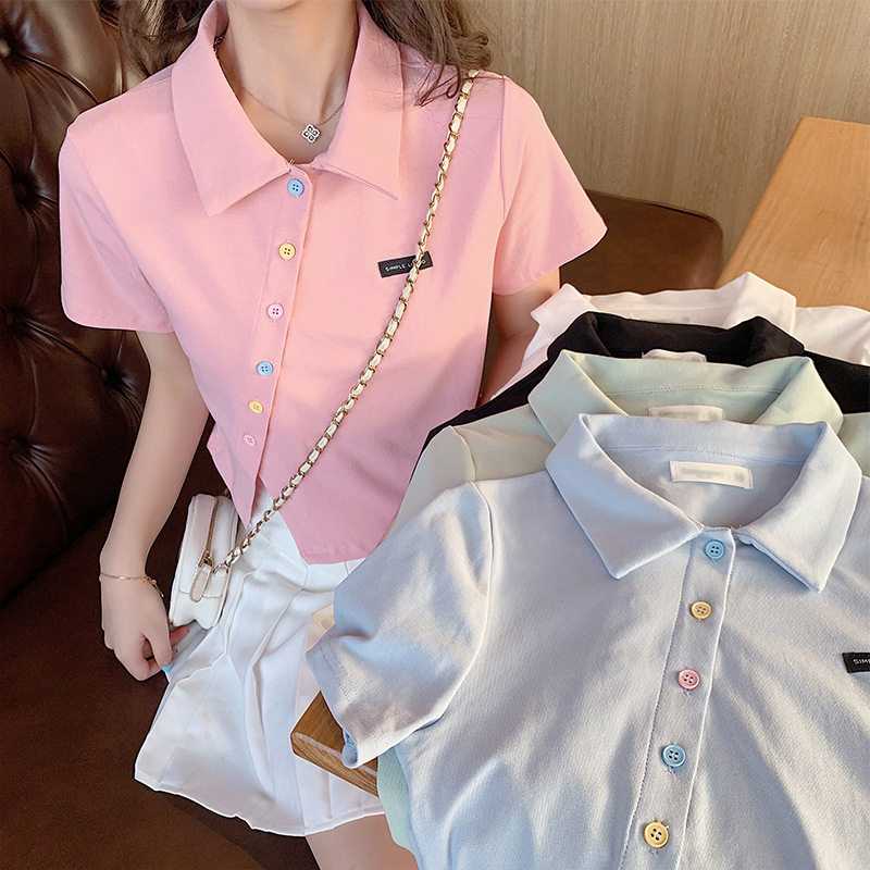6535棉2026夏季新款polo衫短袖t恤女修身高腰翻领短款学生上衣潮
