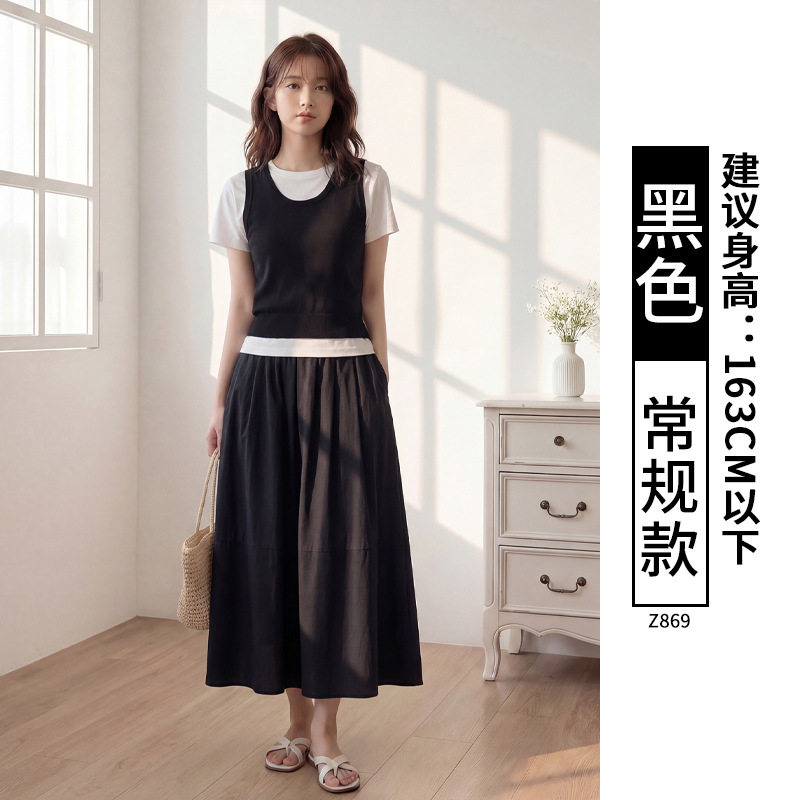 藏青色天丝亚麻裙子女夏胖mm大码高腰显瘦a字裙垂感棉麻伞裙长裙