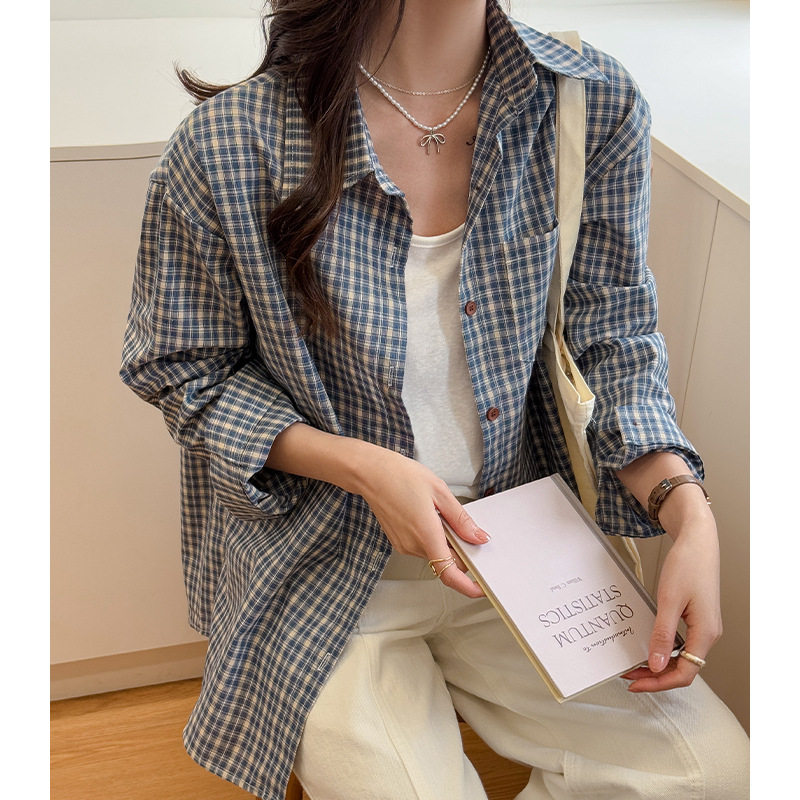 2026新款韩系格子衬衫外套女春夏防晒宽松休闲慵懒风内搭长袖衬衣