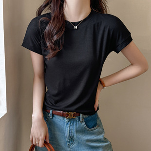 W天丝莱赛尔韩版 t恤女夏季 正肩显瘦内搭圆领高级感外穿打底衫 短袖