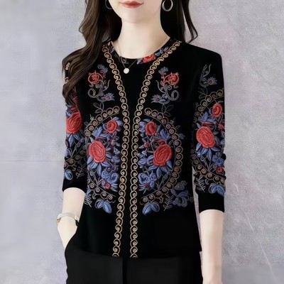 春季妈妈洋气遮肚圆领长袖T恤