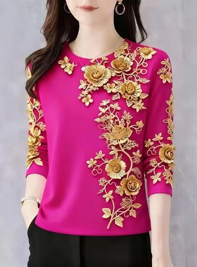 新品上新时髦圆领长袖打底衫女2026春季时尚妈妈装遮肚洋气T恤衫