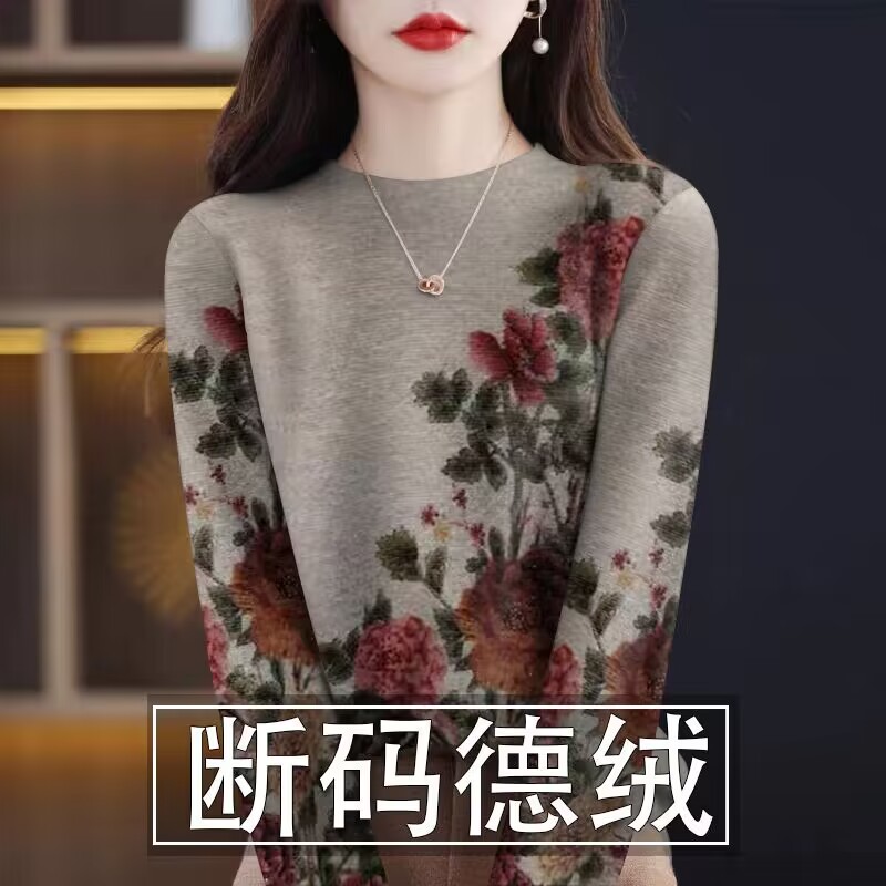 德绒保暖印花T恤女秋冬新款气质妈妈装宽松大码半高领套头打底衫