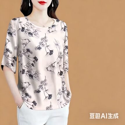国风时尚短袖上衣女装夏季妈妈宽松大码显瘦印花绸缎中国风T恤衫