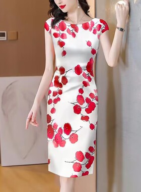 中长款改良旗袍连衣裙子女装夏季新款洋气印花打底内搭收腰长裙