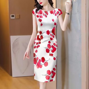 新款 夏季 洋气印花打底内搭收腰长裙 改良旗袍连衣裙子女装 中长款