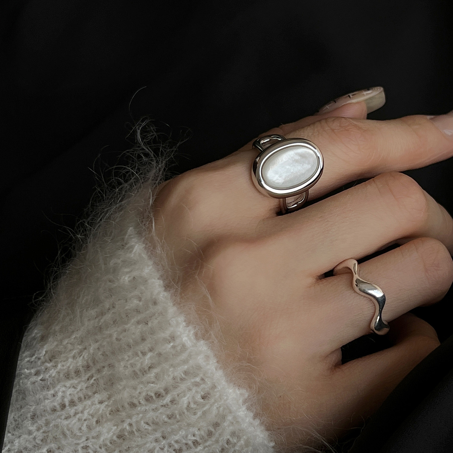 重工天然白贝壳纯银戒指高级手工