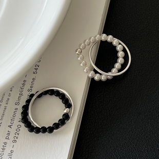 韩版 INS指环闭口食指戒 小众叠带珍珠圆珠双层设计感S925纯银时尚