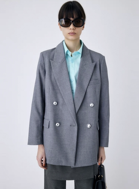 包邮2025春秋简约纯色深v戗驳领双排扣休闲西装外套女西服