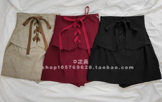 2023秋冬新品优雅淑女纯色格纹高腰绑带半身裙 短裙裤SWFP231188