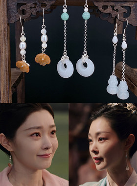 中国风金丝玉女珍珠花朵耳环