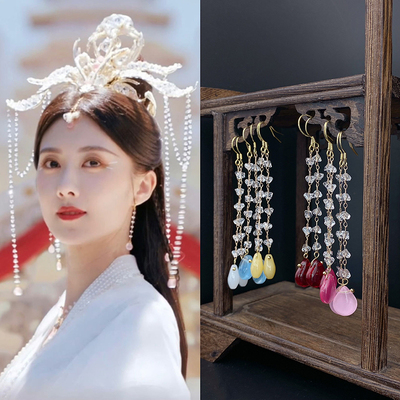 简约古风水晶女琉璃水滴长款耳环