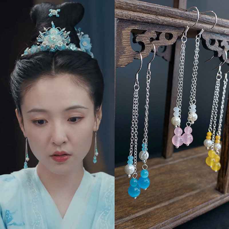 S925银钩九义人孟婉吴倩同款蓝猫眼流苏耳饰长款手工古典汉服配饰
