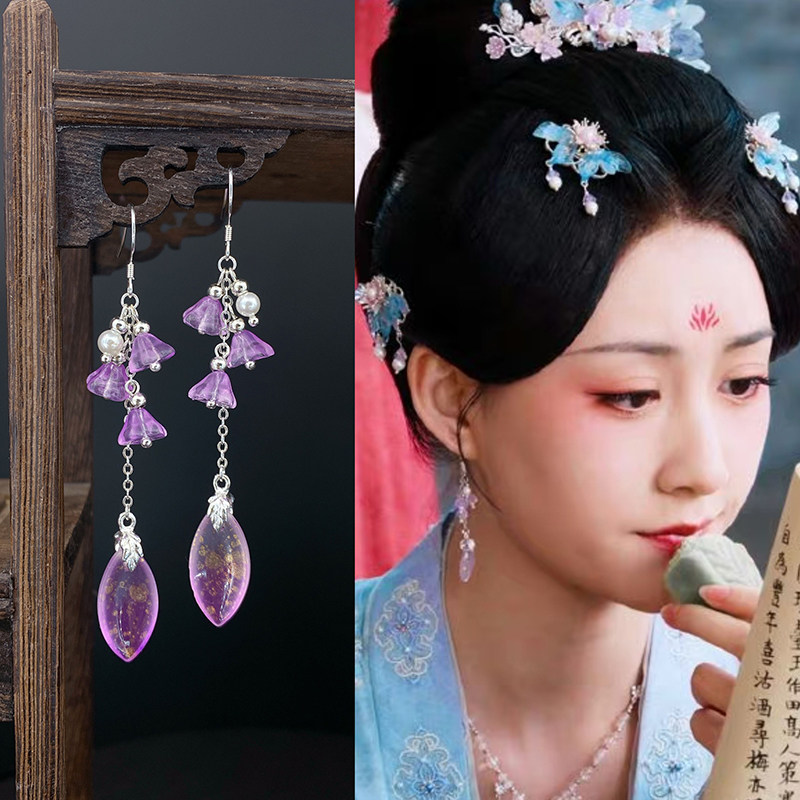 复古琉璃女贝珠紫色系古风耳饰