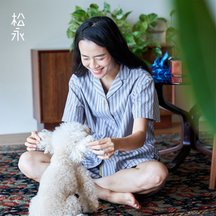 女士条纹短袖 家居服可外穿凉感衬衫 短裤 夏季 领 睡衣套装 松永新款