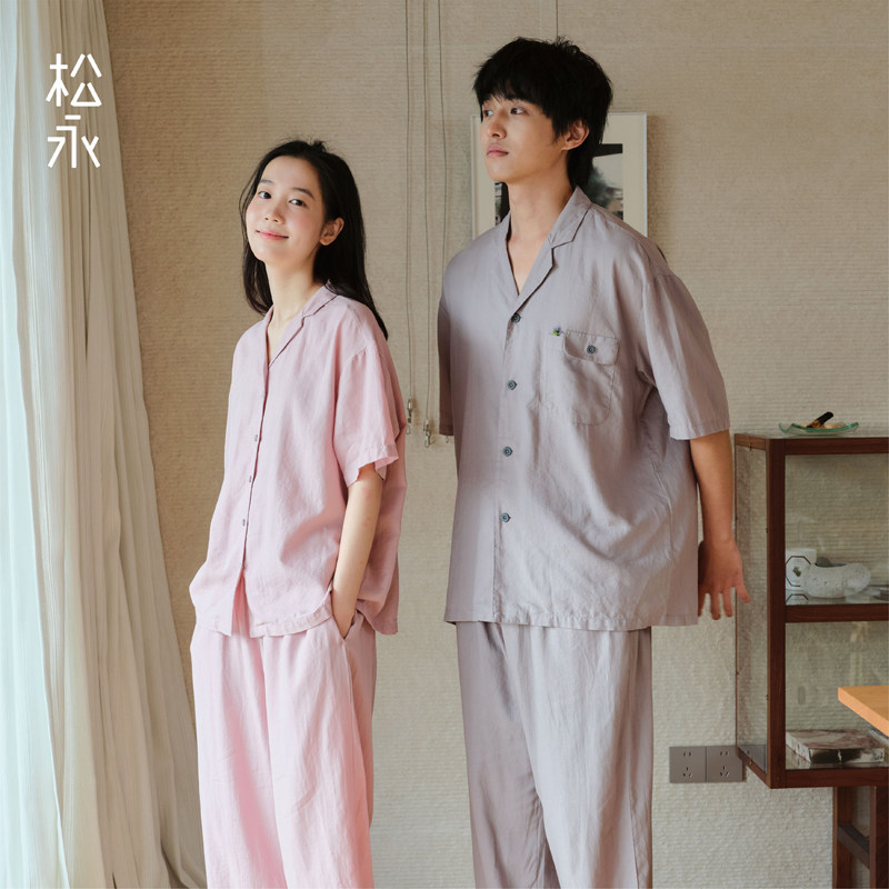 松永新款春夏情侣睡衣套装男女春夏纯棉简约短袖长裤家居服薄款