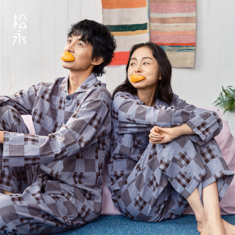 松永秋冬男女情侣纯棉睡衣长袖长裤双层纱柔软百搭休闲家居服套装