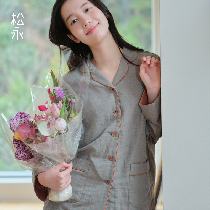 松永新款女纯棉双层纱衬衫领睡衣春夏长袖长裤简约柔软家居服套装