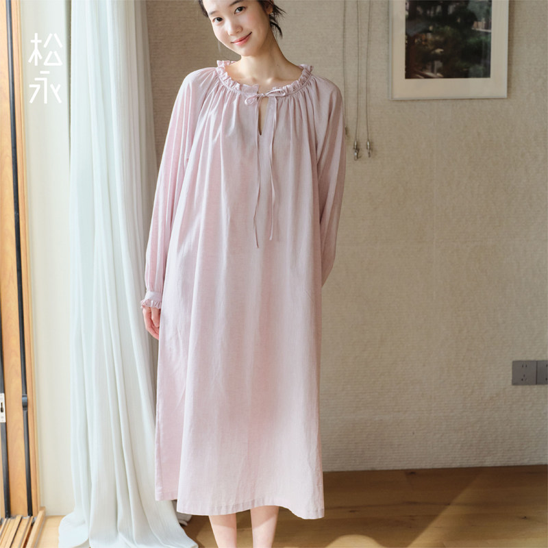 松永春夏女士棉麻法式宫廷风长袖睡裙女宽松纯色系带可外穿家居服