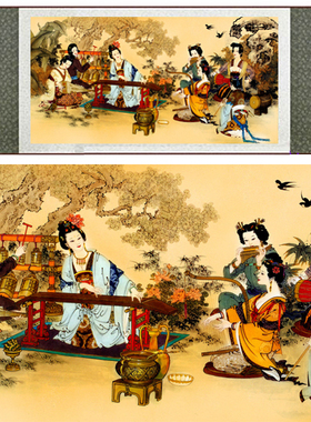 奏乐古典风唐朝弹琴琵琶新品国画