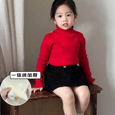 秋冬款一体绒保暖打底毛衣半高领木耳边儿童洋气针织童装内搭加厚