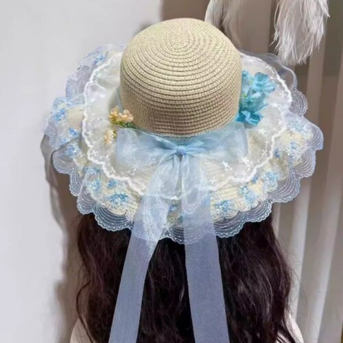 Lolita田园风蓝调晴日风铃蕾丝大蝴蝶结亲子出游花卉原创草编草帽